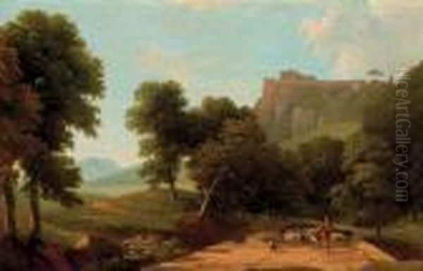 A Classical Landscape With A Shepherd And His Flock, Fortifications On A Hilltop Beyond Oil Painting by Jean-Victor Bertin