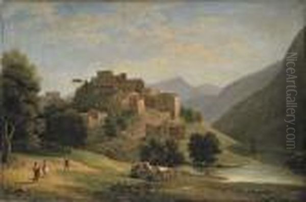 An Italianate Mountainous River Landscape Oil Painting by Jean-Victor Bertin