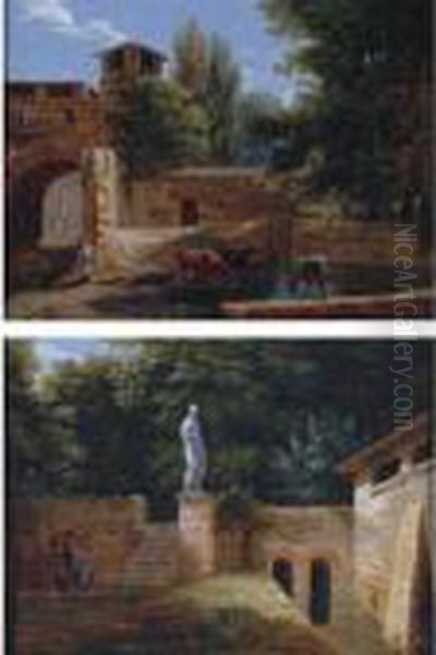 A Sunken Garden With A Girl And A Statue Oil Painting by Jean-Victor Bertin