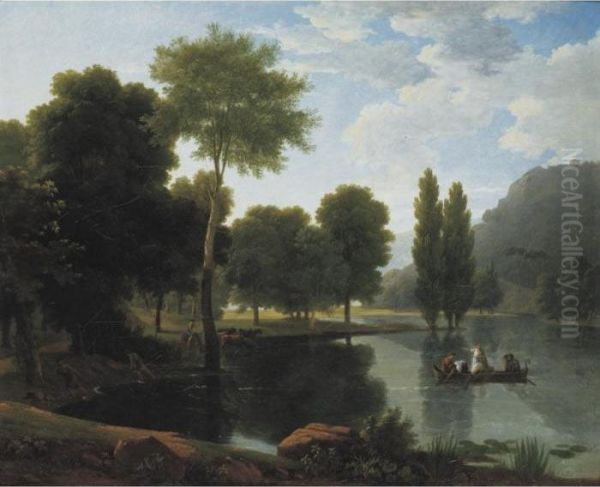 Rowing Party In A Landscape Oil Painting by Jean-Victor Bertin