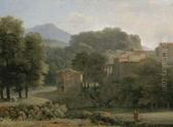 A Wooded Landscape With Figures By A Brook, A Town Beyond Oil Painting by Jean-Victor Bertin