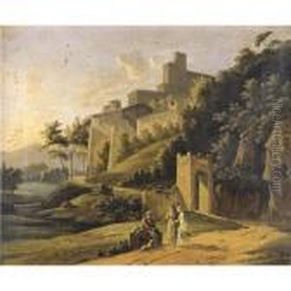 Landscape With A Fortress And A Beggar Oil Painting by Jean-Victor Bertin