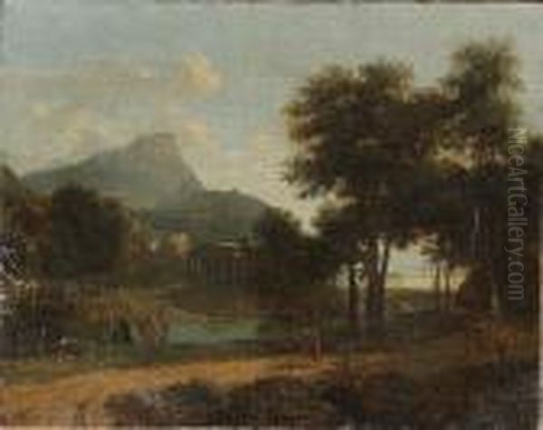 A Wooded Landscape With A 
Shepherd Before A Hamlet; And Travellers On A Track, A Temple Beyond Oil Painting by Jean-Victor Bertin