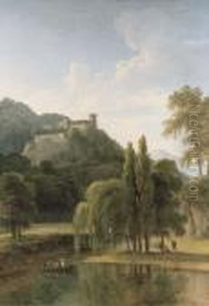 A River Landscape With Classical Figures In A Boat, A Hilltop Castle Beyond Oil Painting by Jean-Victor Bertin