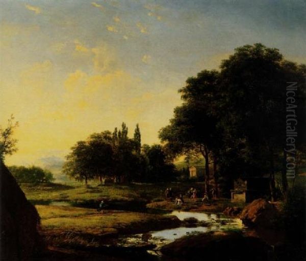 An Arcadian Landscape At Sunset 
With Figures Dancing Near A Tomb, A Classical Temple Beyond Oil Painting by Jean-Victor Bertin