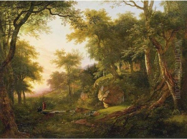 Wooded Landscape With Two Figures Beside A Stream Oil Painting by Jean-Victor Bertin