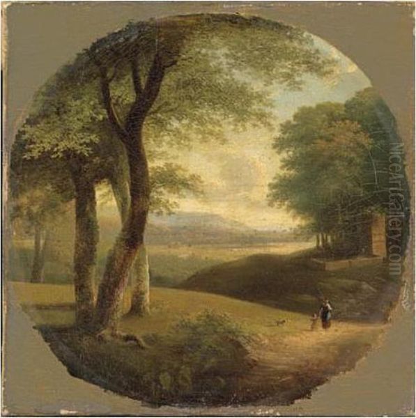 A Classical Landscape With Figures On A Path Oil Painting by Jean-Victor Bertin