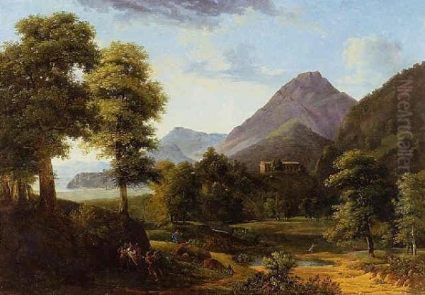 Mountainous Landscape With Figures And A Roman Temple Beyond Oil Painting by Jean-Victor Bertin