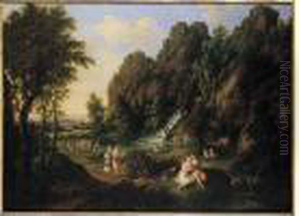 Diane Et Adonis Dans Un Paysage Classique Avec Une Cascade Oil Painting by Jean-Victor Bertin