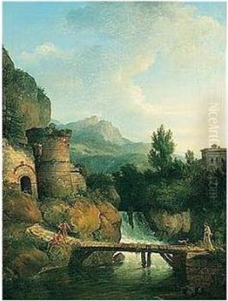 A River Landscape With Fishermen
 And A Lady With A Dog Crossing A Small Wooden Bridge, A Waterfall And 
Mountains Beyond Oil Painting by Jean-Victor Bertin