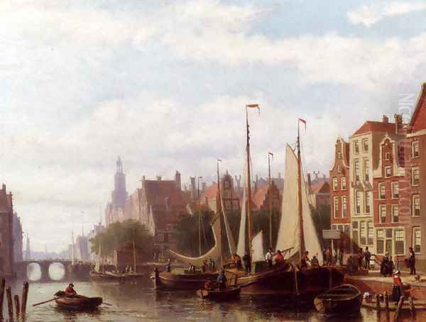 A Busy Day On The Canal Oil Painting by Johannes Frederik Hulk, Snr.