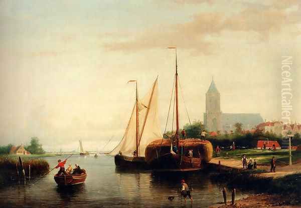 A Moored Haybarge And Other Shipping By A Bleach-field, In The Harbour Of Manninckendam Oil Painting by Johannes Frederik Hulk, Snr.