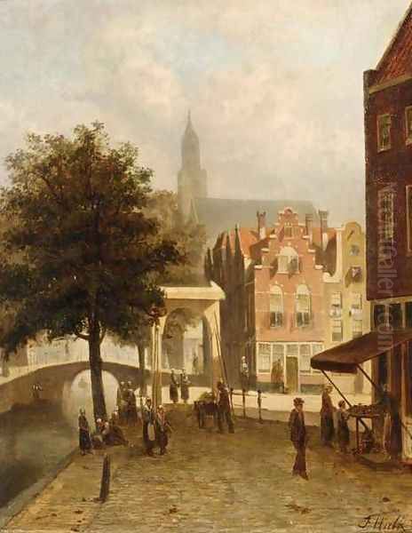 Villagers in the Streets of a Dutch Town Oil Painting by Johannes Frederik Hulk, Snr.