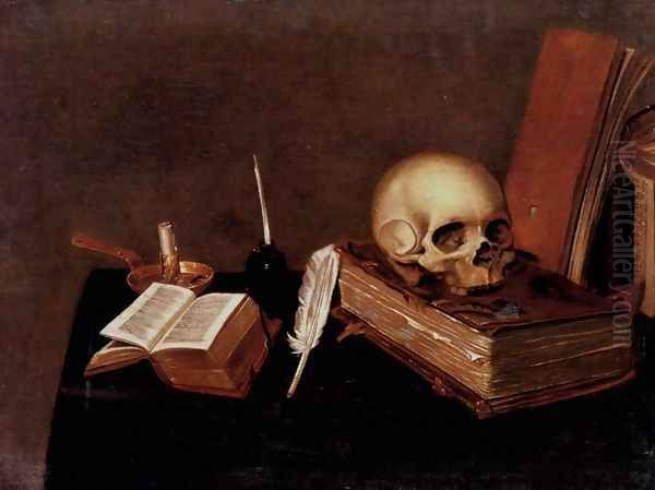 A vanitas still life with a candle, an inkwell, a quill pen, a skull and books Oil Painting by Michael Konrad Hirt