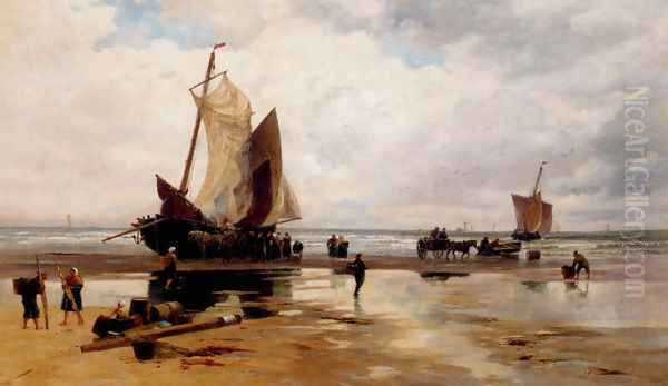 Boats On A Dutch Beach Oil Painting by Thomas Bush Hardy