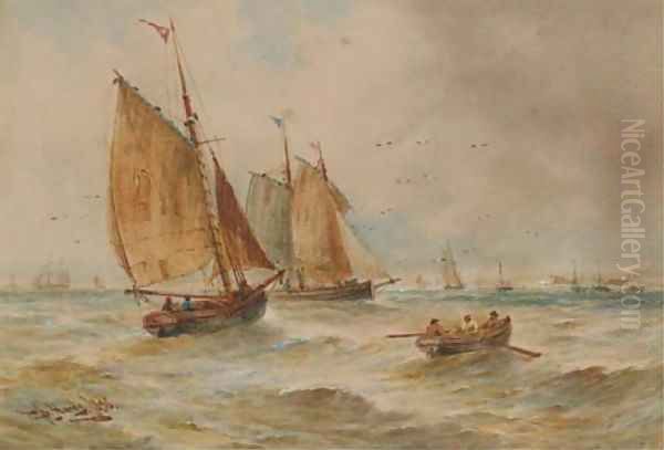 Fishing vessels in coastal waters Oil Painting by Thomas Bush Hardy