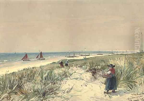 Fishwives heading for the beach to collect the day's catch at Scheveningen Oil Painting by Thomas Bush Hardy