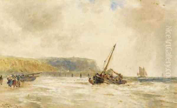 Fishing vessels landing on a beach in France Oil Painting by Thomas Bush Hardy