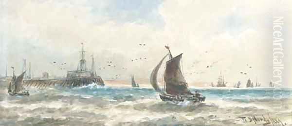 Shipping off the entrance to Calais on a blustery day Oil Painting by Thomas Bush Hardy