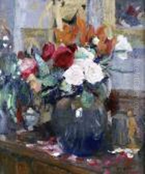 Grand Vase De Roses Oil Painting by Abel Bertram