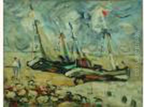 Bateaux De Peche A Maree Basse Oil Painting by Abel Bertram