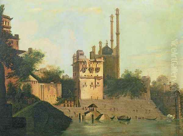 Foster 94 88 Aurangzebs Mosque on the River Ganges Palace of Raja Abal Benares Oil Painting by William Hodges