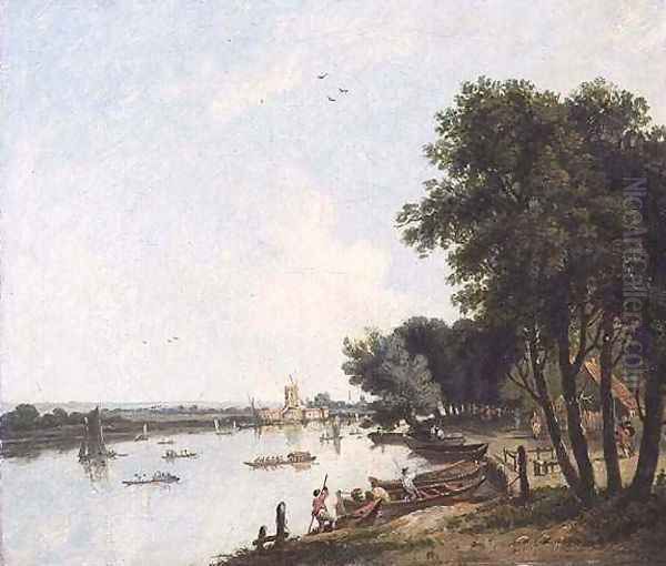 A View of the Thames at Chelsea with the Post Mill at Nine Elms beyond Oil Painting by William Hodges