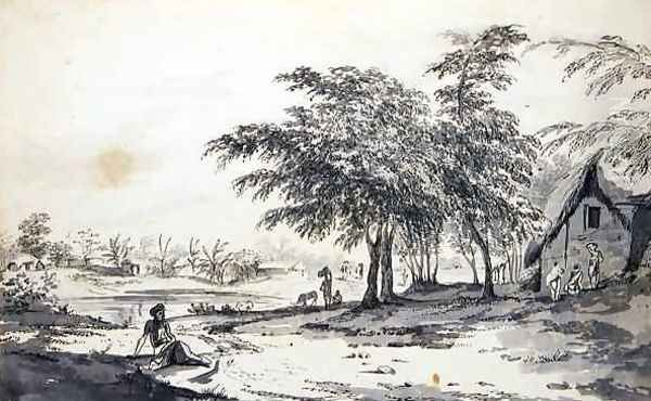 View of an Indian Village with a Man Seated in the Foreground Oil Painting by William Hodges