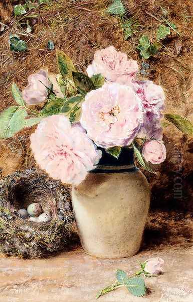 Still Life With Roses In A Vase And A Birds Nest Oil Painting by William Henry Hunt