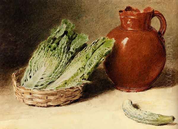 Still Life With A Jug, A Cabbage In A Basket And A Gherkin Oil Painting by William Henry Hunt