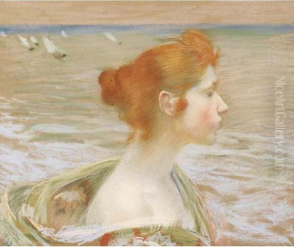 Profil De Jeune Fille Au Bord De La Mer Oil Painting by Paul Albert Besnard