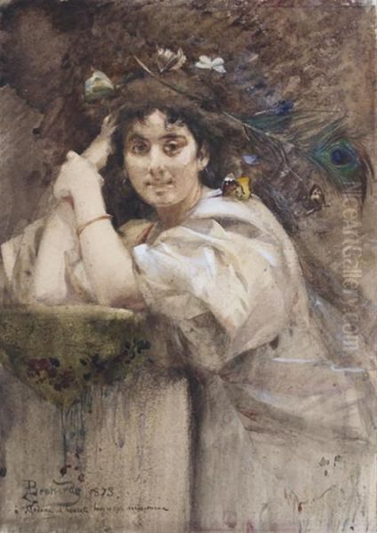 Portrait De Jeune Femme Aux Papillons Coiffee D'une Plume De Paon Oil Painting by Paul Albert Besnard