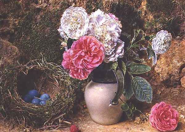 Roses and Birds Nest Oil Painting by William Henry Hunt