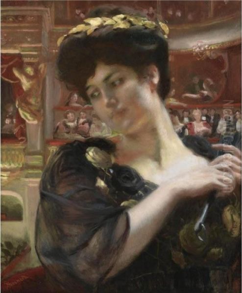 The Comedie Francaise (possibly A Portrait Of The Actress Rejane) Oil Painting by Paul Albert Besnard