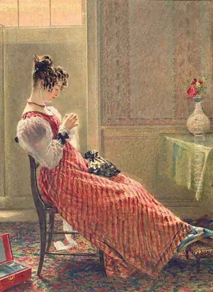 Lady Sewing Oil Painting by William Henry Hunt