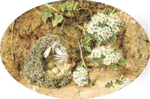 Still-life with birds nest and hawthorne on a mossy bank Oil Painting by William Henry Hunt