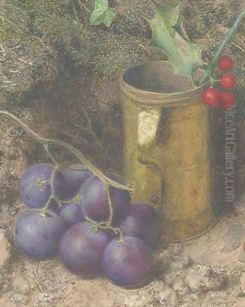 Still life of grapes, a tankard and a sprig of holly Oil Painting by William Henry Hunt