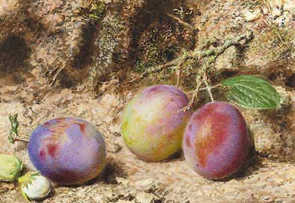 Still life with plums and hazelnuts on a mossy bank Oil Painting by William Henry Hunt