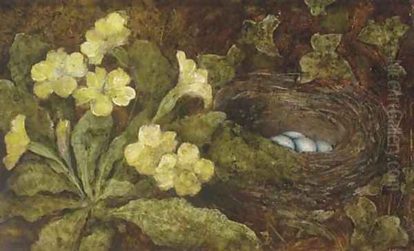 A primula and a bird's nest on a mossy bank Oil Painting by William Henry Hunt