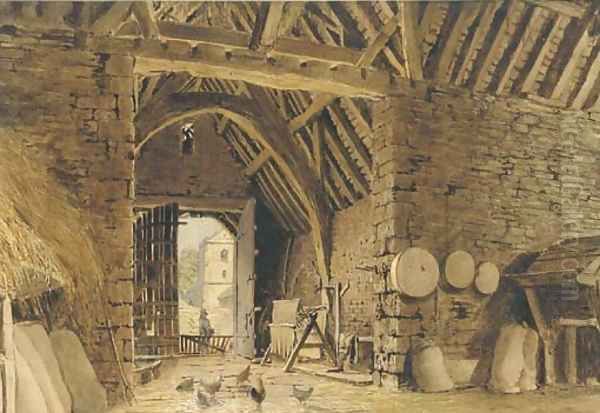 Interior of a barn with chickens Oil Painting by William Henry Hunt