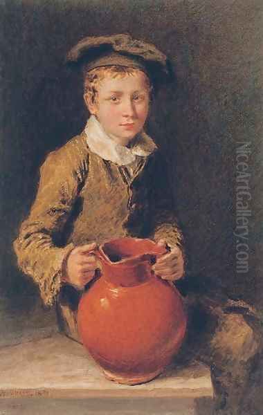 Portrait of one of the Swain brothers holding a pitcher Oil Painting by William Henry Hunt