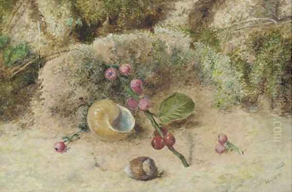 Still life of a shell and berries on a mossy bank Oil Painting by William Henry Hunt