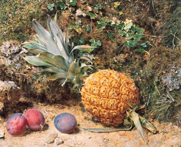 Still life with a pineapple and three plums Oil Painting by William Henry Hunt