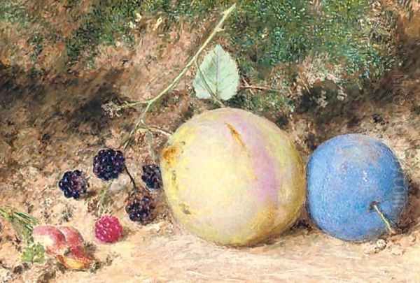 Still-life of rosehips, blackberries and plums, on a mossy bank Oil Painting by William Henry Hunt