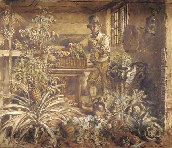 A gardener in his potting shed Oil Painting by William Henry Hunt