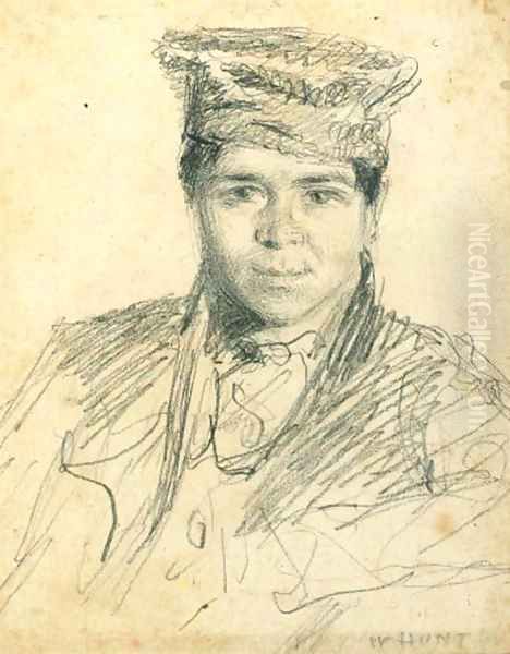 Portrait of a boy, bust-length, wearing a hat Oil Painting by William Henry Hunt