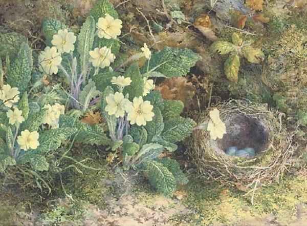 Primulas and a bird's nest on a mossy bank Oil Painting by William Henry Hunt