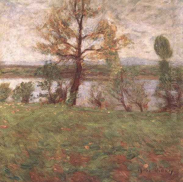 Springtime Mood Bank of the River Tisza 1916 Oil Painting by Simon Hollosy