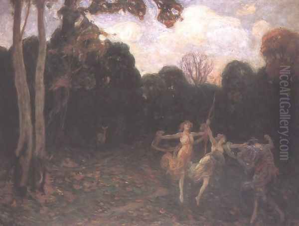 Dancing Girls at the Edge of the Forest 1895 Oil Painting by Simon Hollosy