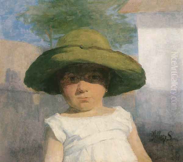 Girl with a Large Green Hat c. 1900 Oil Painting by Simon Hollosy